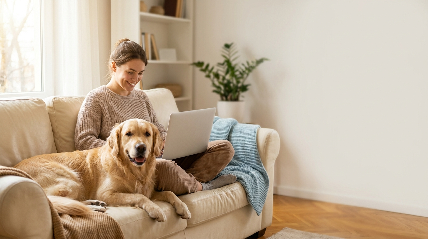 Entspannter Hundehalter startet zu Hause mit Laptop eine Beratungsanfrage, der Hund liegt daneben