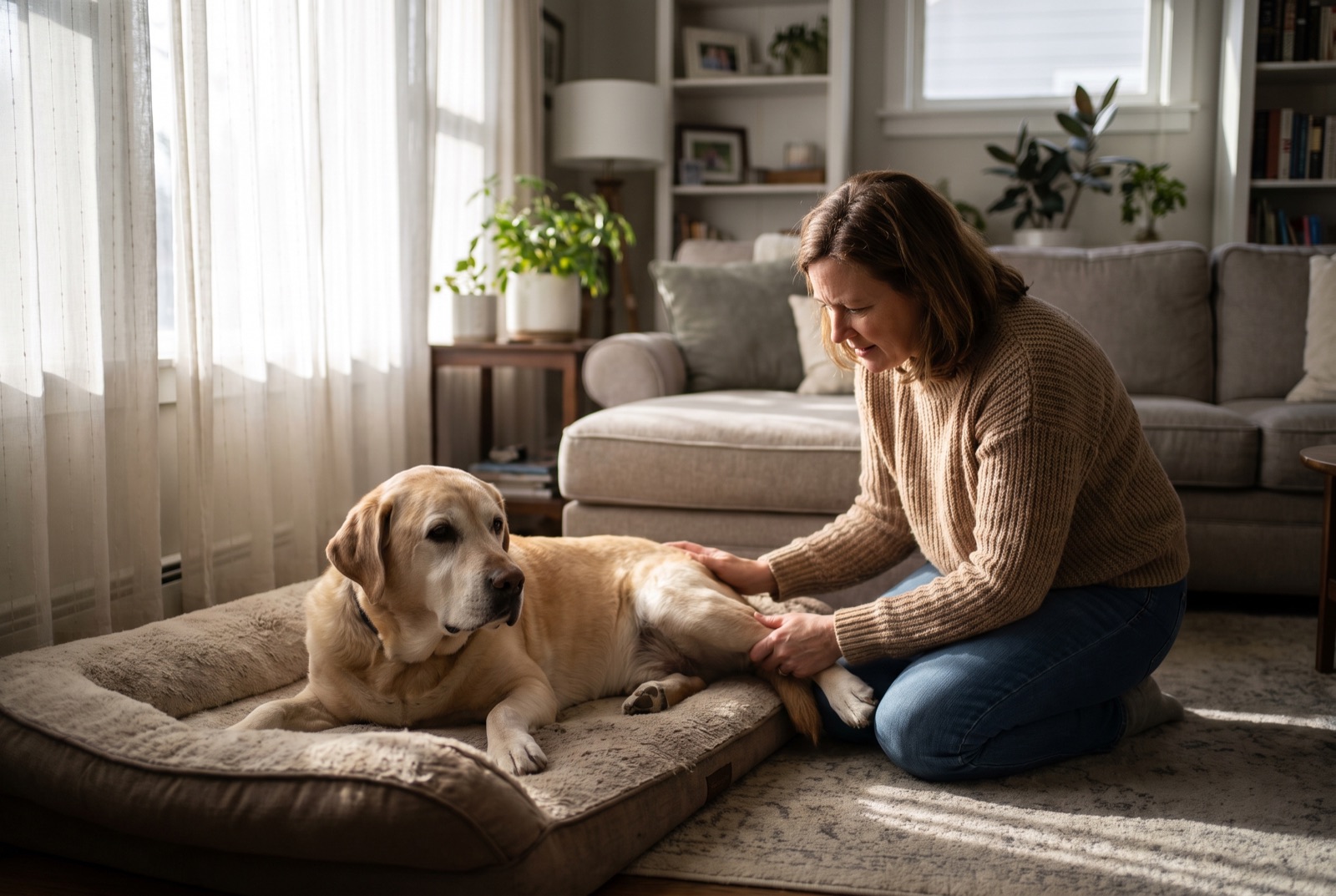 Eine Frau kniet neben ihrem älteren Labrador auf dem Hundebett und stützt vorsichtig sein Hinterbein