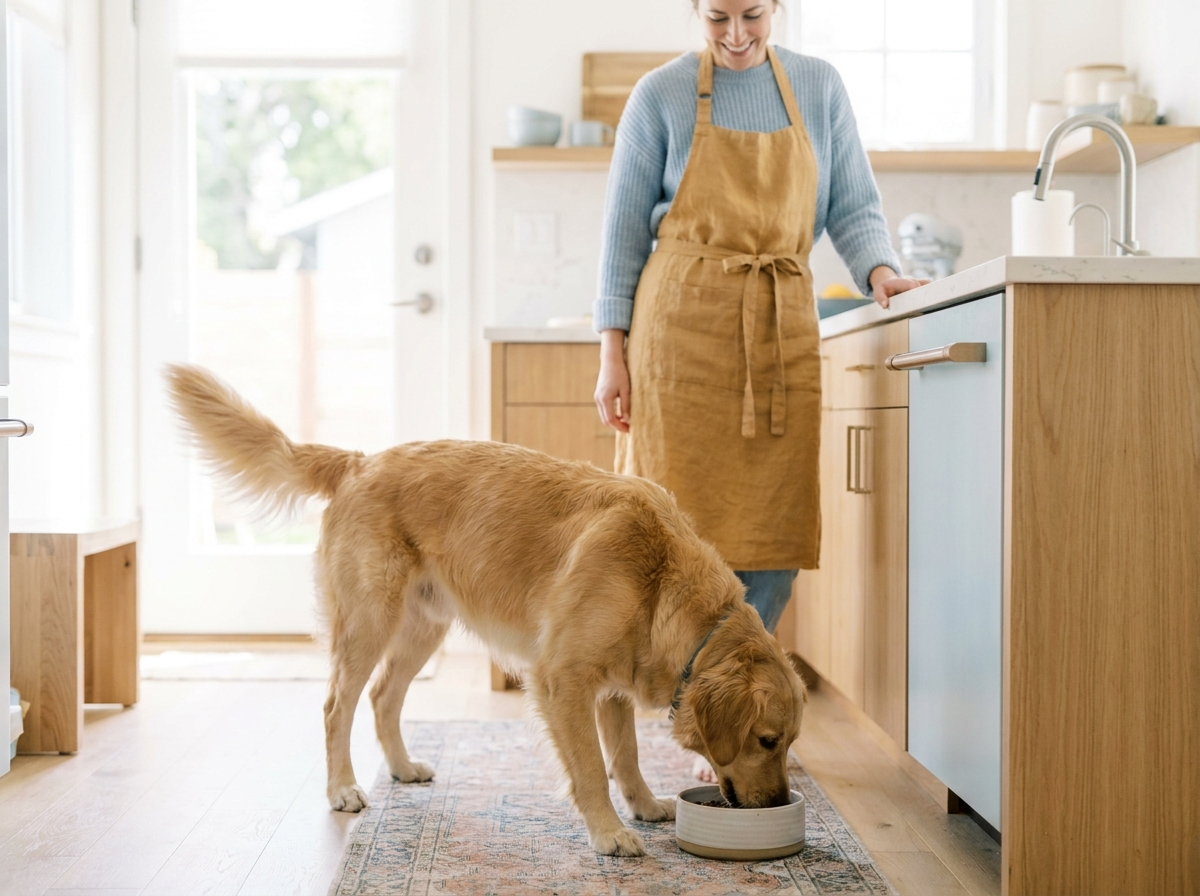 Ein Hund frisst gesundes Futter aus einem Napf in einer hellen Wohnküche