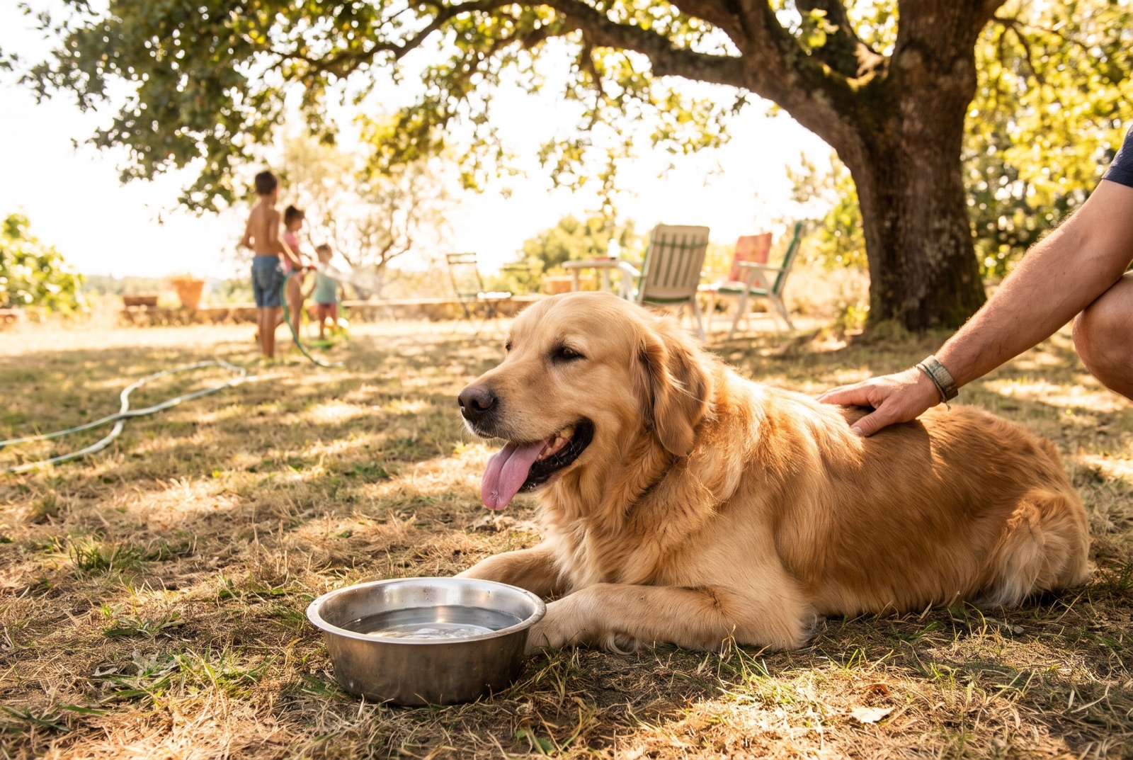 Ein hechelnder Golden Retriever liegt an einem heißen Sommertag im Schatten eines Baumes neben einem gefüllten Wassernapf