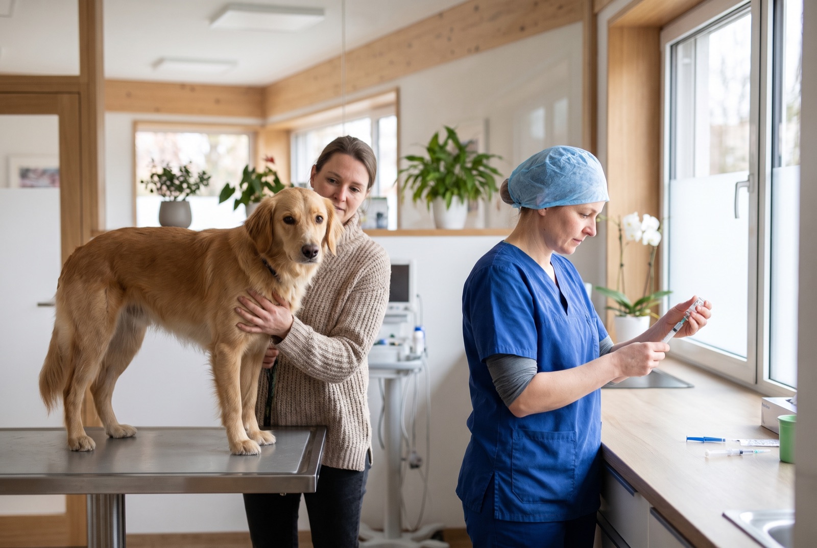 Eine Tierärztin bereitet eine Impfung vor, während die Halterin ihren Hund auf dem Behandlungstisch beruhigt