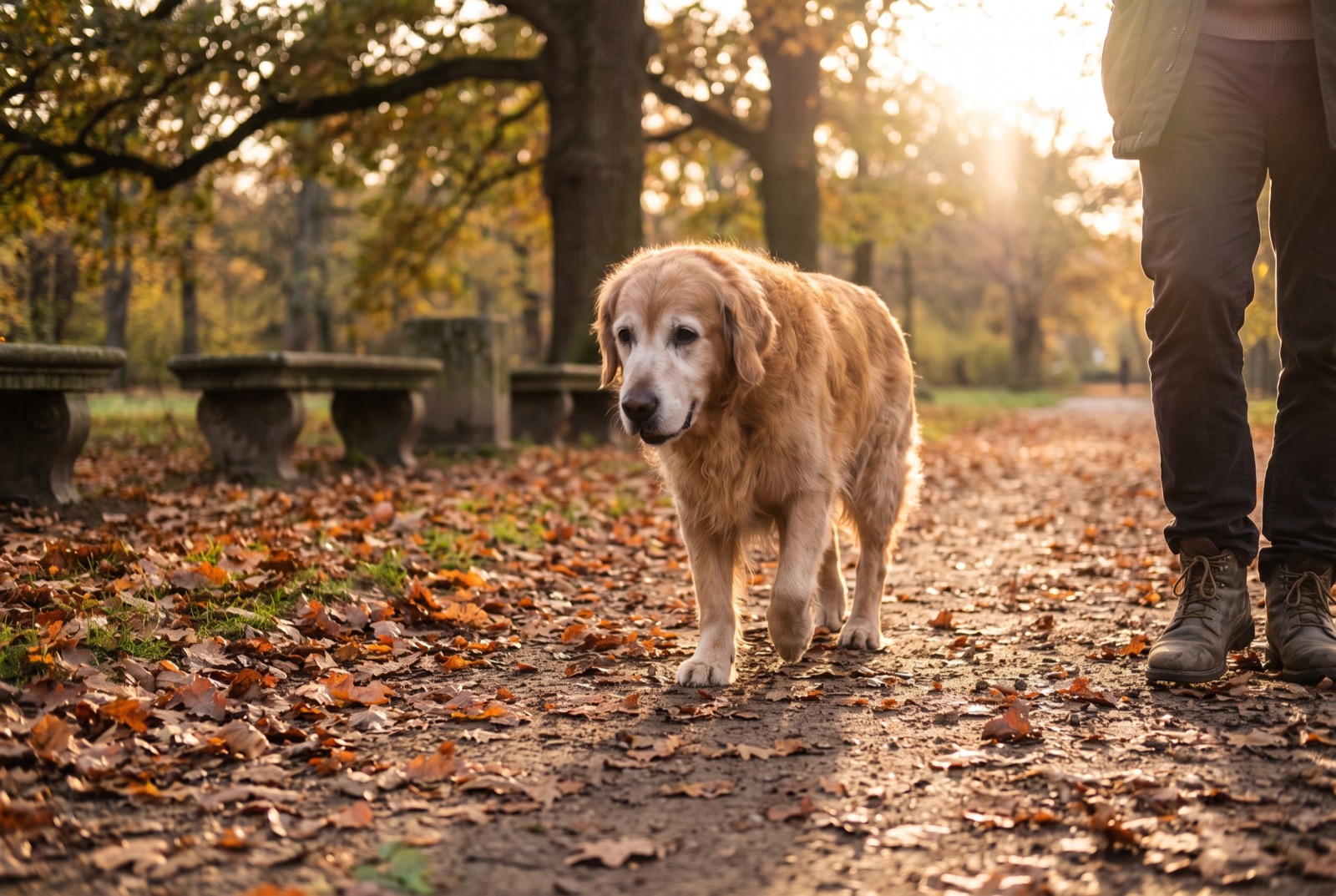 Ein älterer Golden Retriever mit grauer Schnauze geht auf einem herbstlichen Parkweg neben seinem Halter