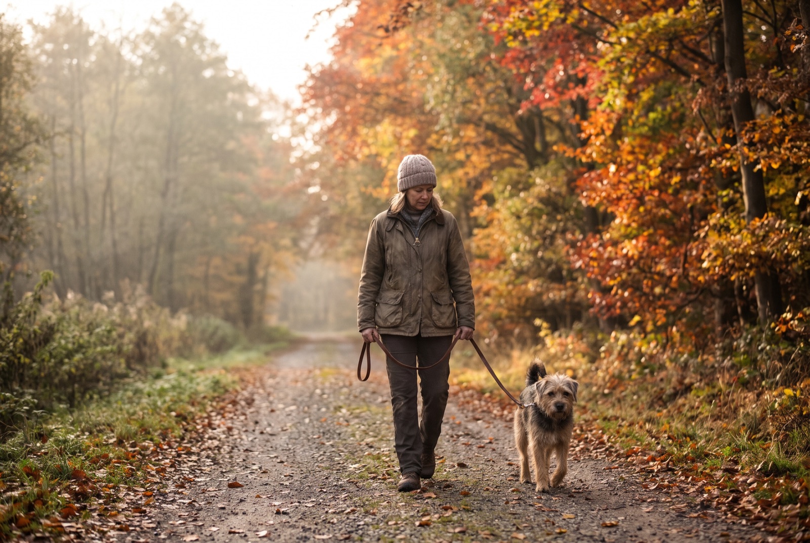 Eine Frau geht mit ihrem Hund an der Leine auf einem herbstlichen Waldweg spazieren