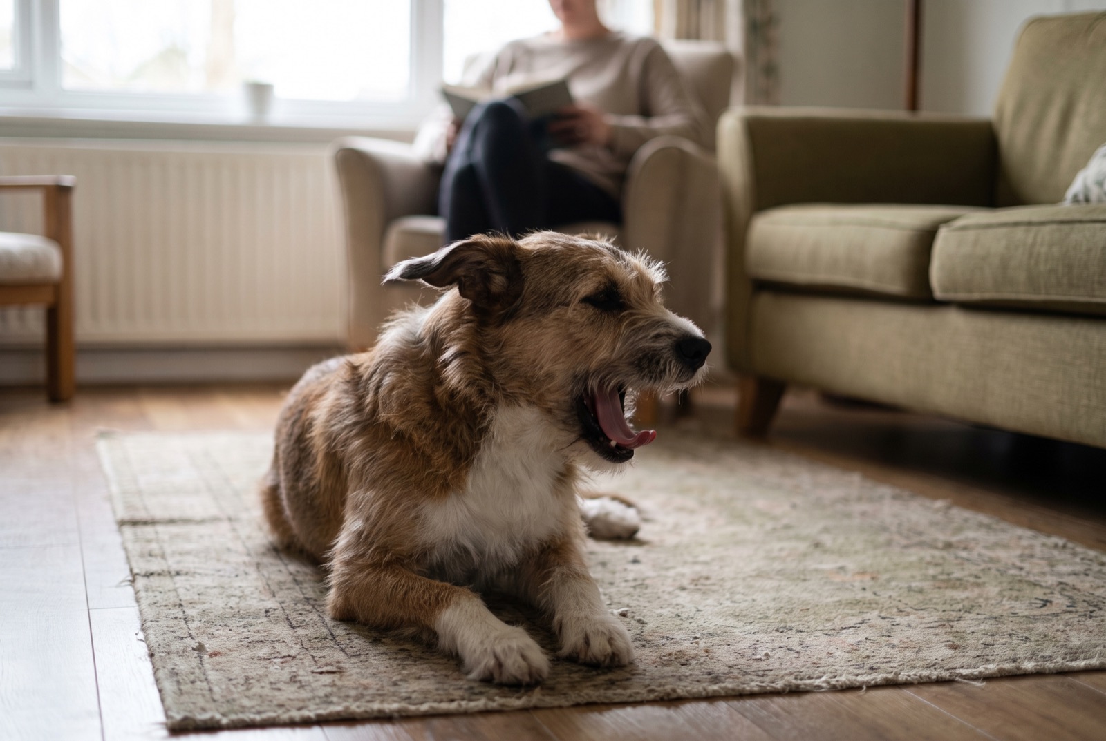 Ein Hund liegt gähnend auf einem Teppich im Wohnzimmer, im Hintergrund sitzt unscharf sein Halter