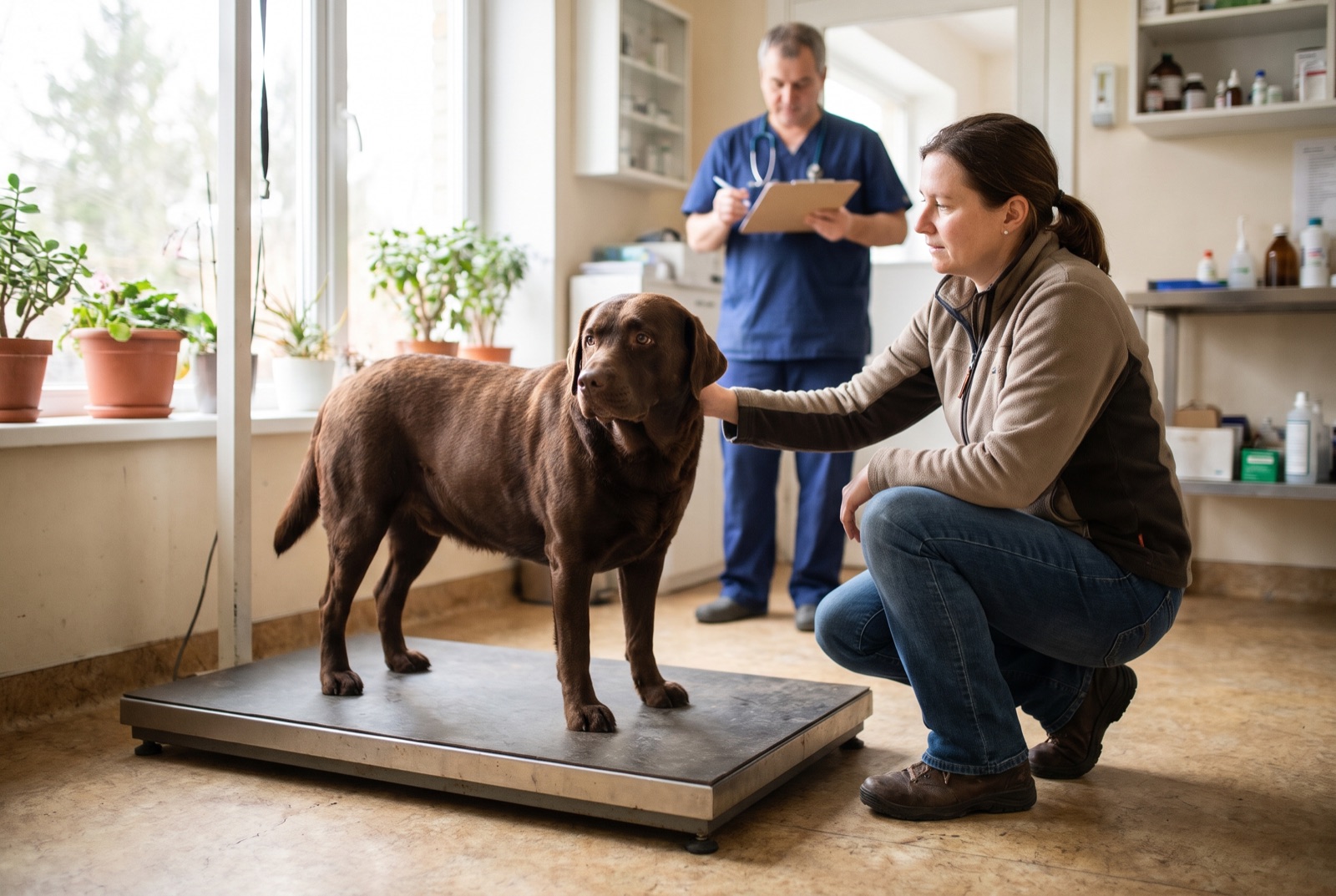Ein Labrador steht in der Tierarztpraxis auf einer Bodenwaage, die Halterin kniet beruhigend daneben