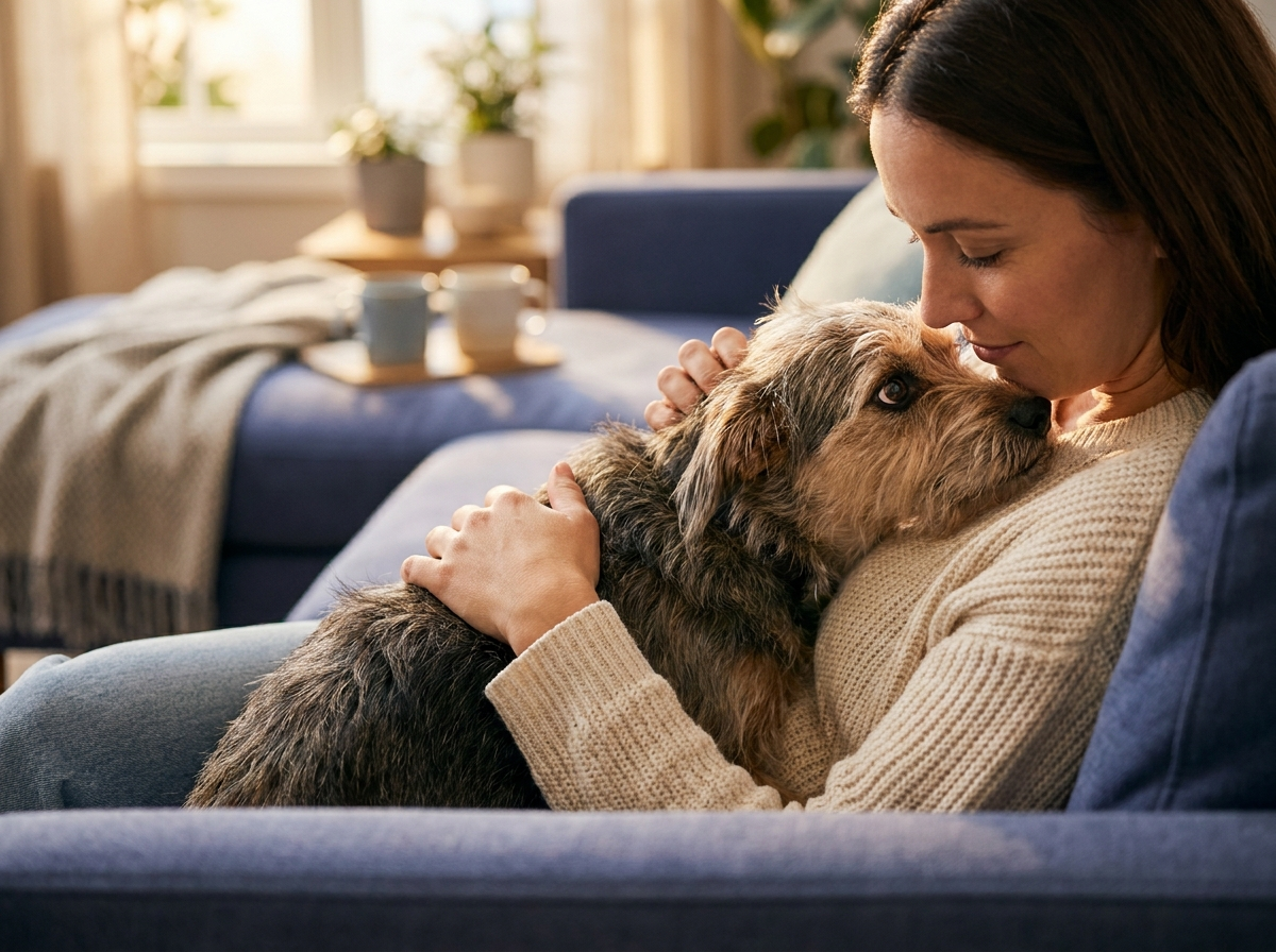 Ein Hundehalter tröstet seinen etwas ängstlichen Hund mit einer sanften Umarmung auf dem Sofa