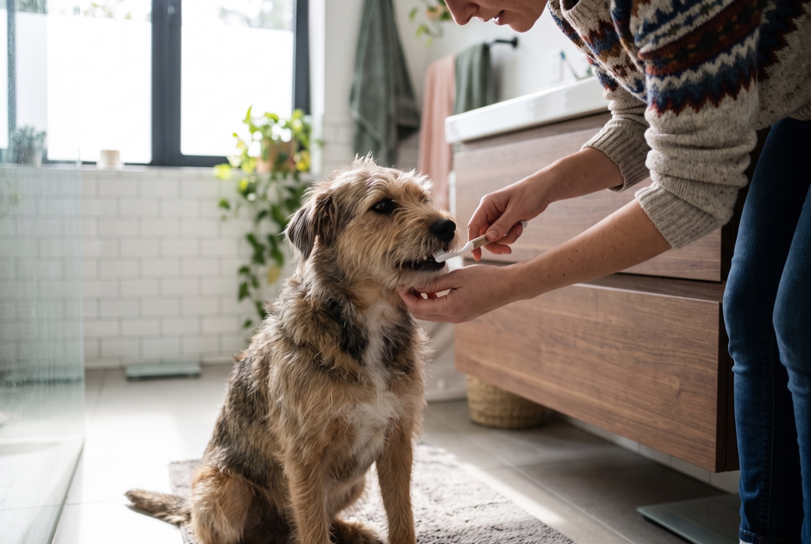 Eine Person putzt einem ruhig sitzenden Mischlingshund im Badezimmer mit einer Hundezahnbürste die Zähne