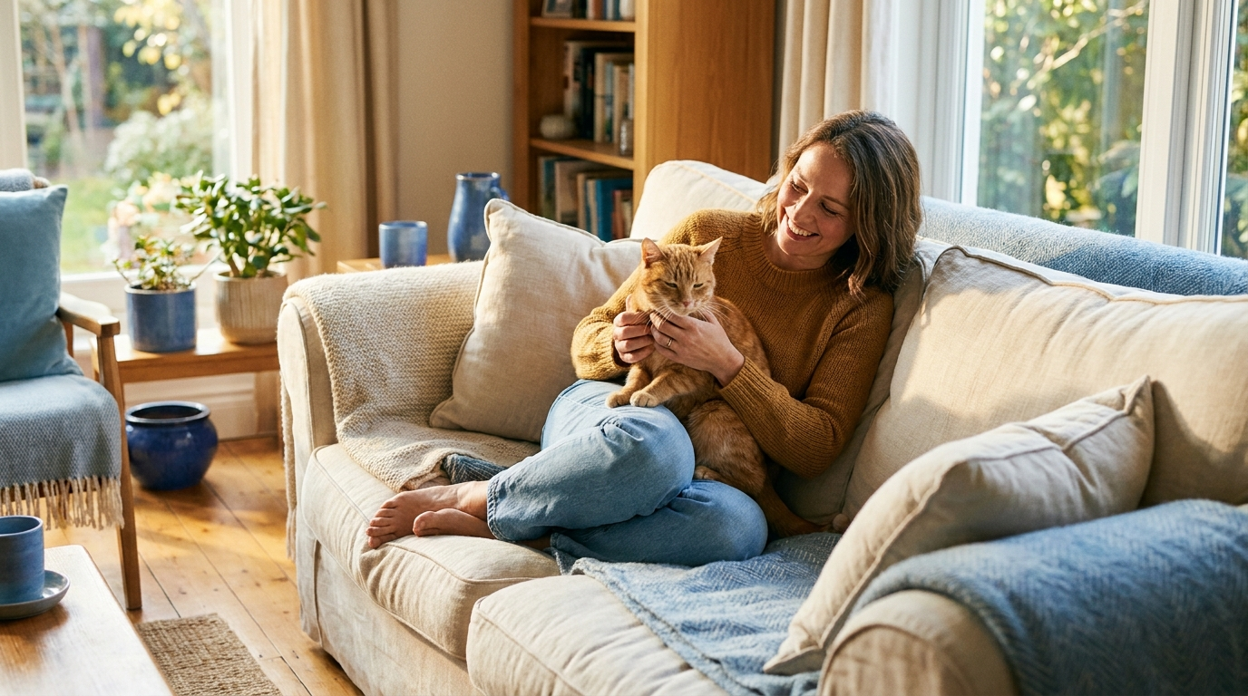 Katzenhalterin mit ihrer Katze zu Hause