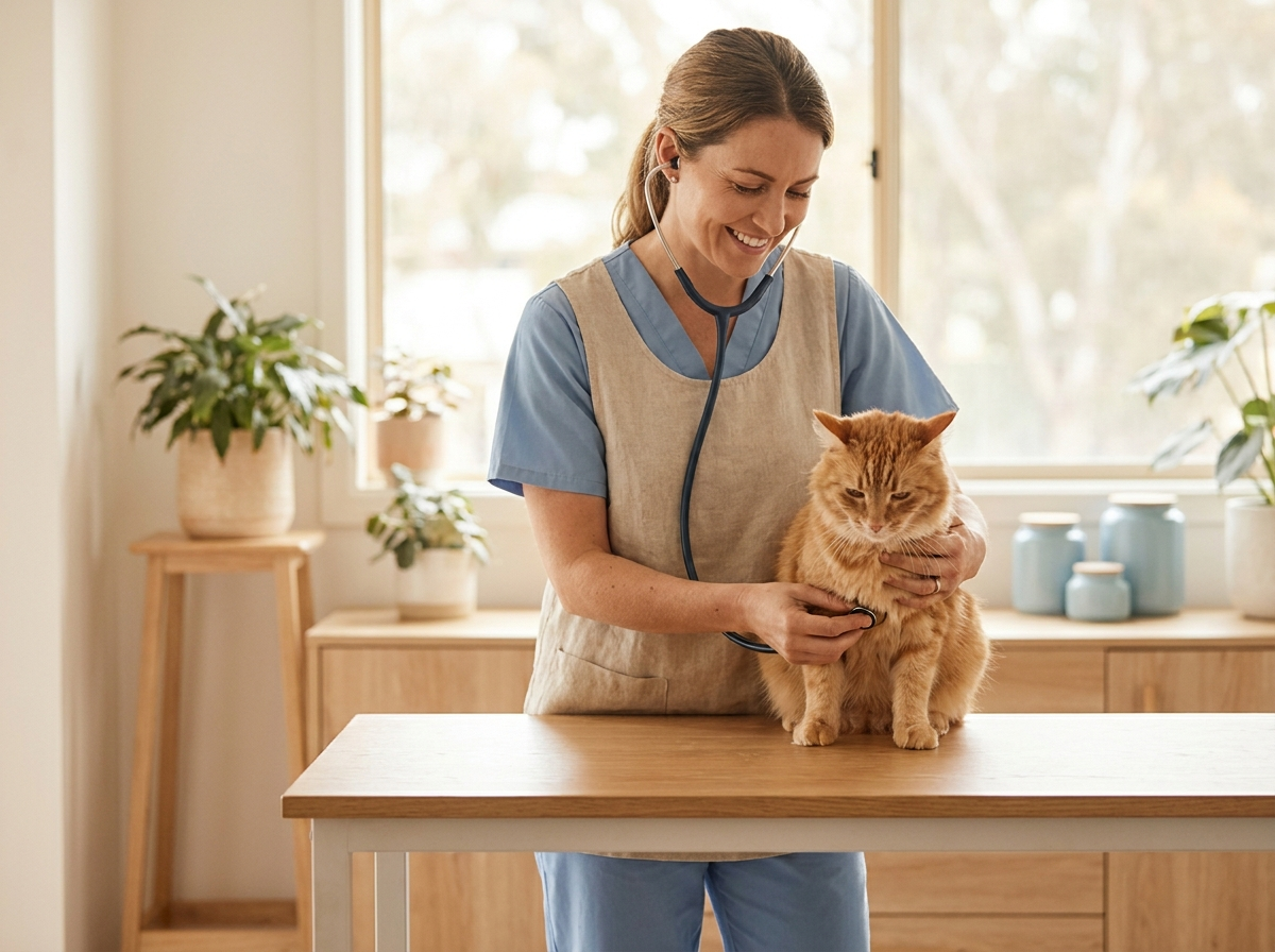 Ruhige Katze wird von einer freundlichen Tierärztin in heller Praxis untersucht