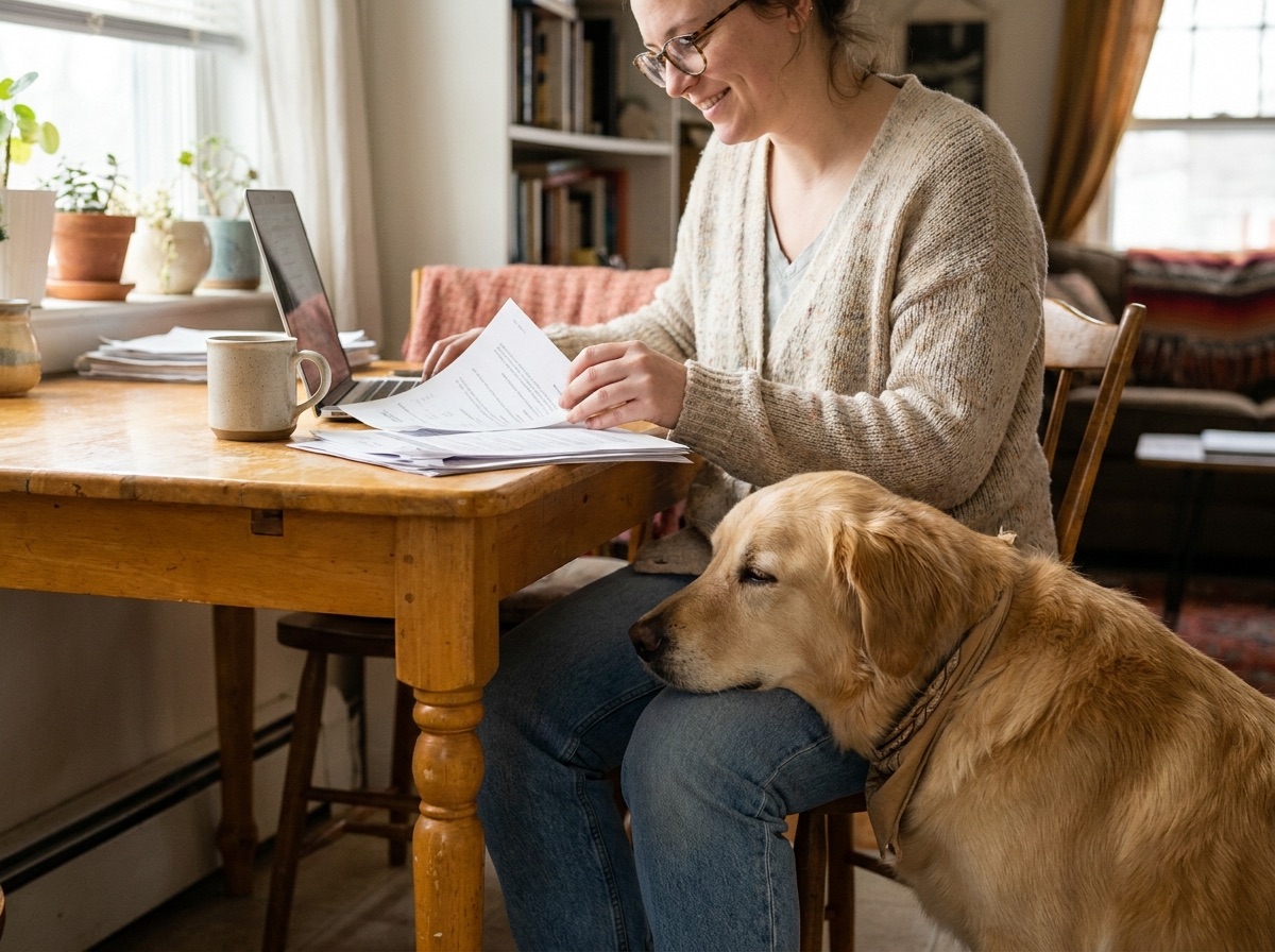 Hundehalter prüft entspannt seine Versicherungsunterlagen, der Hund liegt daneben