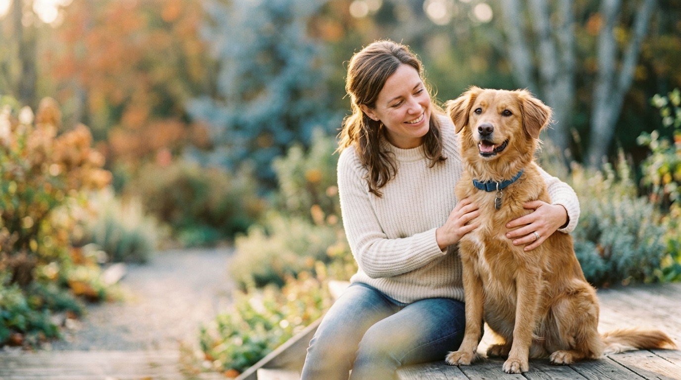 Hundehalterin mit ihrem gesunden Hund im warmen Morgenlicht
